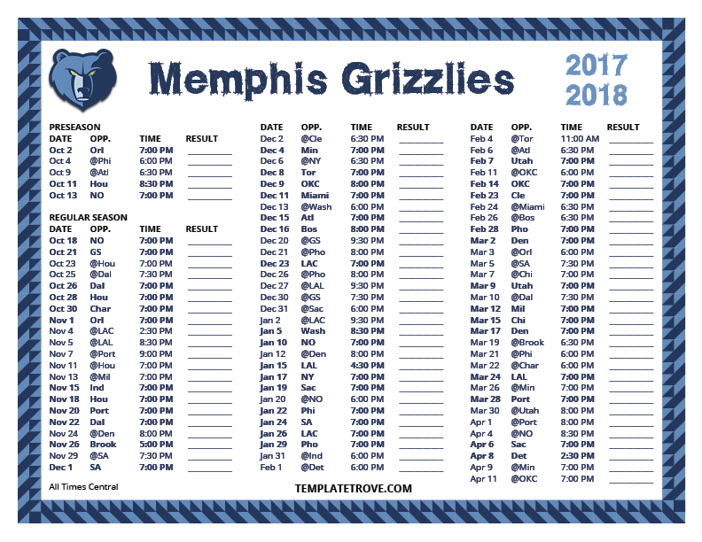 Printable 2017 2018 Memphis Grizzlies Schedule