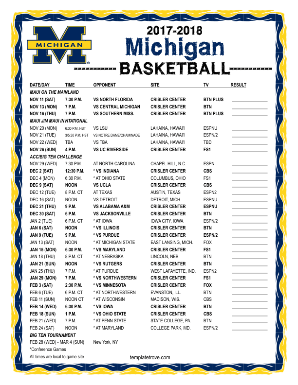 Printable 2017 2018 Michigan Wolverines Basketball Schedule