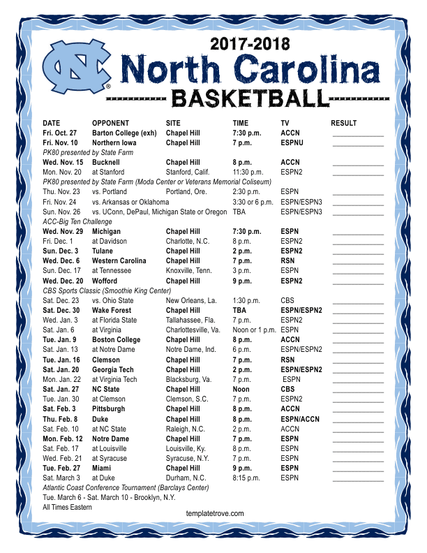 Printable 2017 2018 North Carolina Tarheels Basketball 