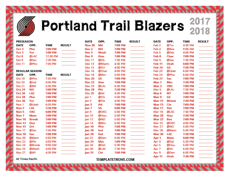 Printable 2017 2018 Portland Trail Blazers Schedule
