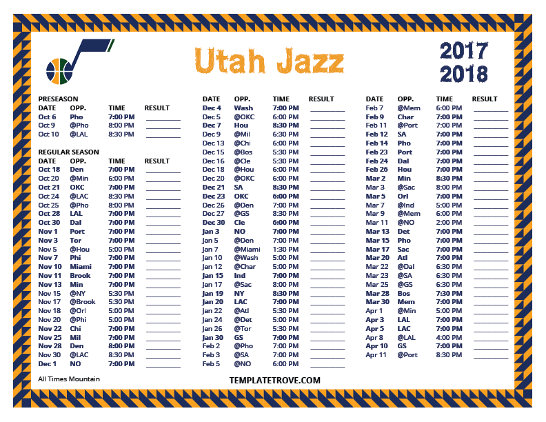 Printable 2017 2018 Utah Jazz Schedule
