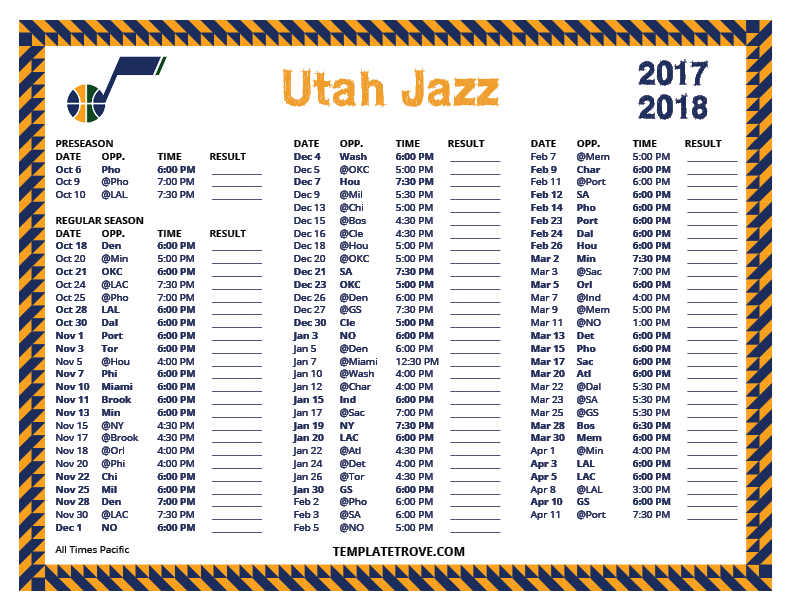 Printable 2017 2018 Utah Jazz Schedule