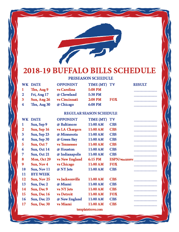 Printable 2018 2019 Buffalo Bills Schedule