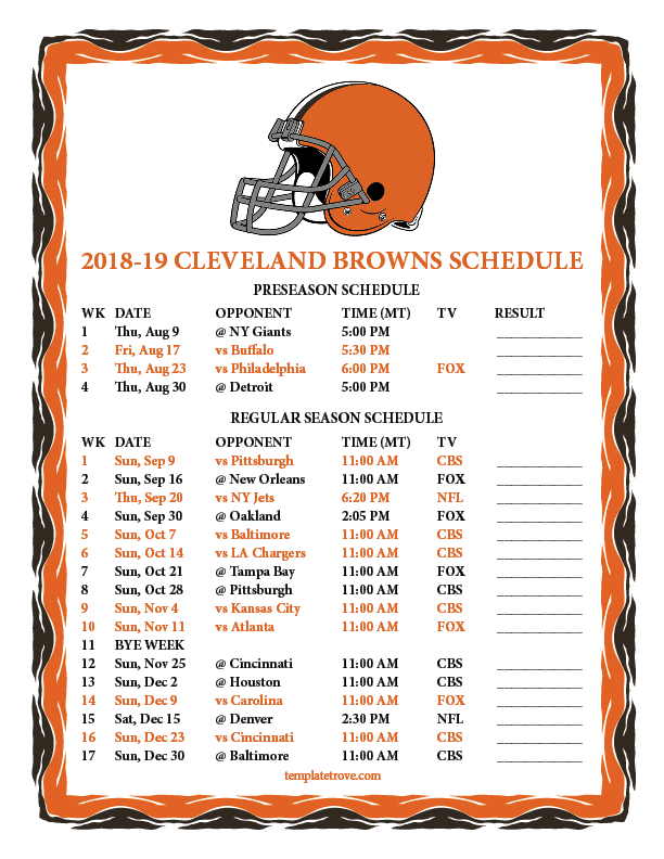 Printable 2018 2019 Cleveland Browns Schedule