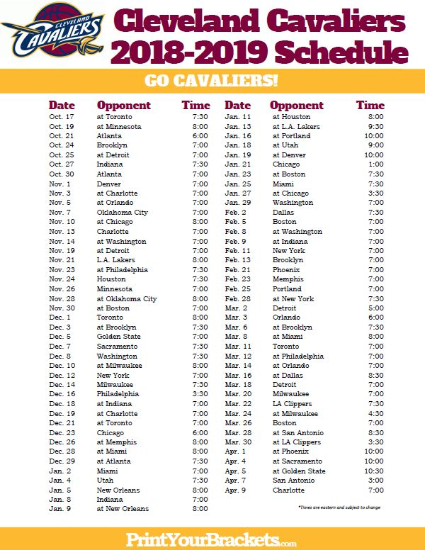 Printable 2018 2019 Cleveland Cavaliers Schedule Nba 