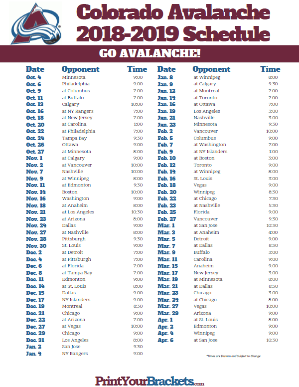 Printable 2018 2019 Colorado Avalanche Hockey Schedule
