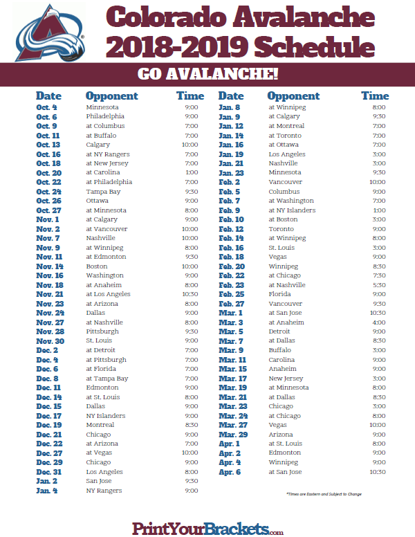 Printable 2018 2019 Colorado Avalanche Hockey Schedule 