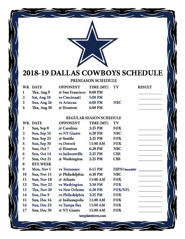 Printable Schedule Dallas Cowboys