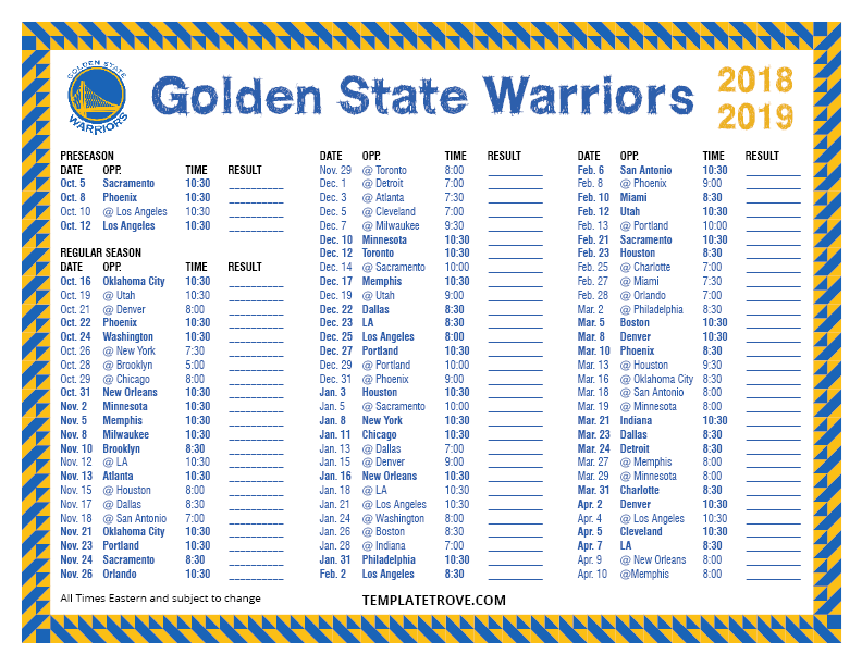 Printable 2018 2019 Golden State Warriors Schedule