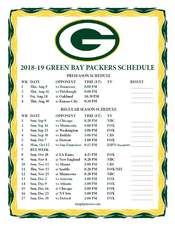 green bay packers score green bay packer schedule