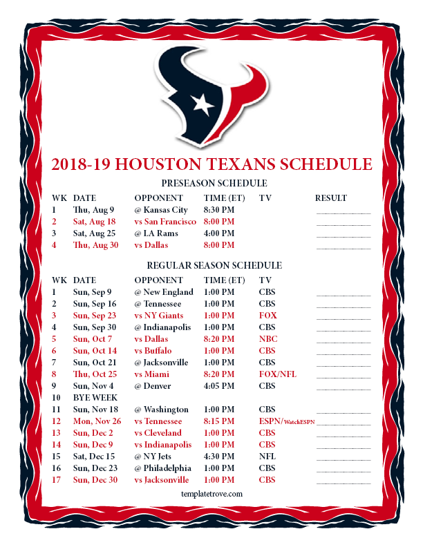Printable 2018 2019 Houston Texans Schedule