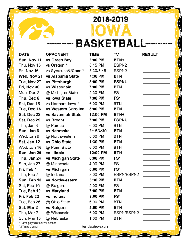 Printable 2018 2019 Iowa Hawkeyes Basketball Schedule