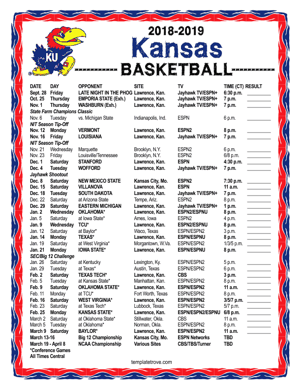 Printable 2018 2019 Kansas Jayhawks Basketball Schedule