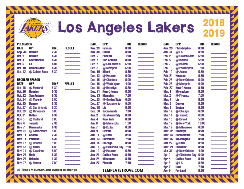 Printable 2018 2019 Los Angeles Lakers Schedule