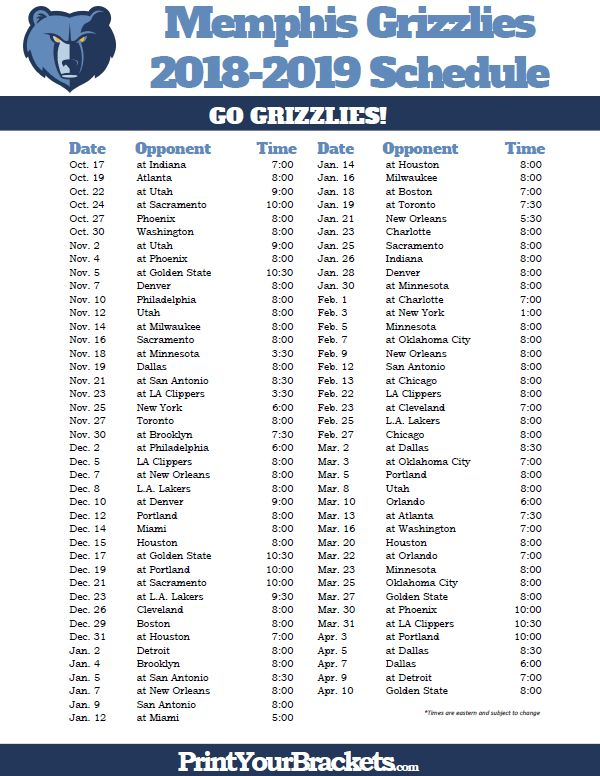 Printable 2018 2019 Memphis Grizzlies Schedule Memphis 