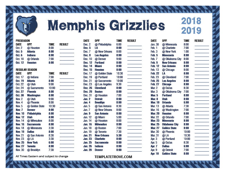 Printable 2018 2019 Memphis Grizzlies Schedule