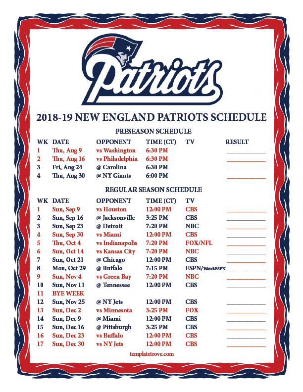 Printable 2018 2019 New England Patriots Schedule