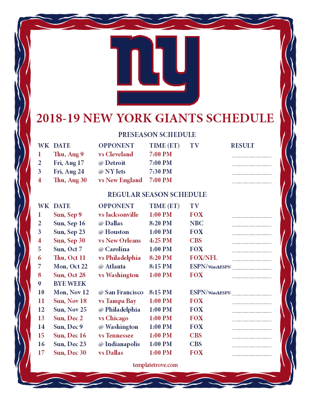 Printable 2018 2019 New York Giants Schedule