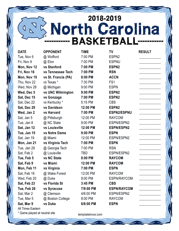 Unc Basketball Schedule 2021 19 Printable