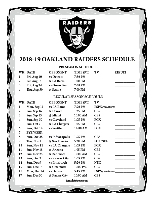 Printable 2018 2019 Oakland Raiders Schedule