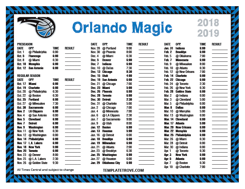 Printable 2018 2019 Orlando Magic Schedule