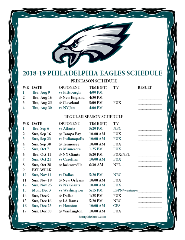 Printable 2018 2019 Philadelphia Eagles Schedule