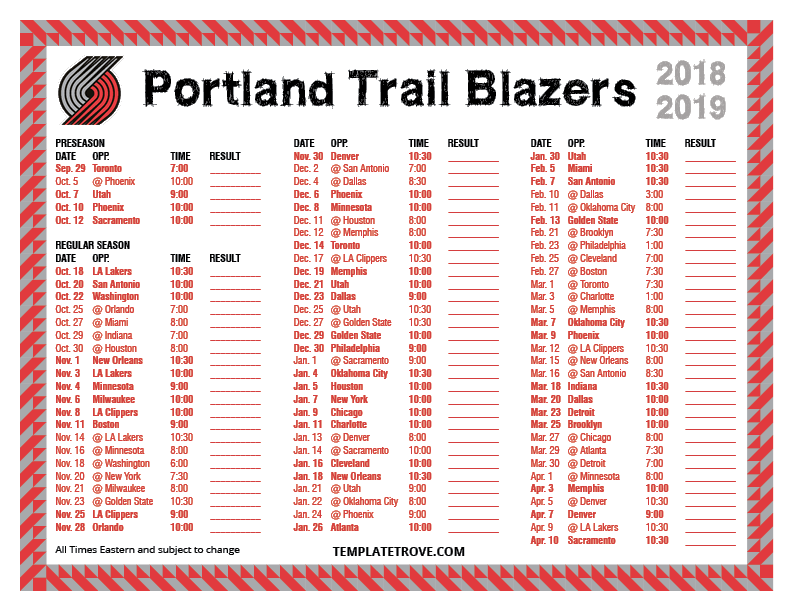 Printable 2018 2019 Portland Trail Blazers Schedule