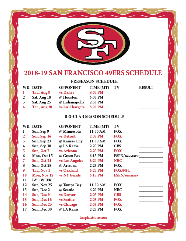 Printable 2018 2019 San Francisco 49ers Schedule