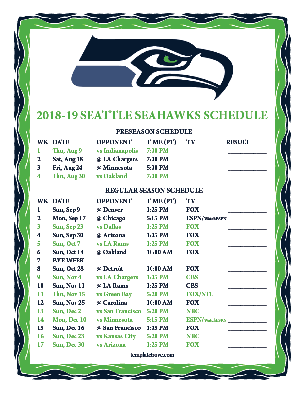 Printable 2018 2019 Seattle Seahawks Schedule