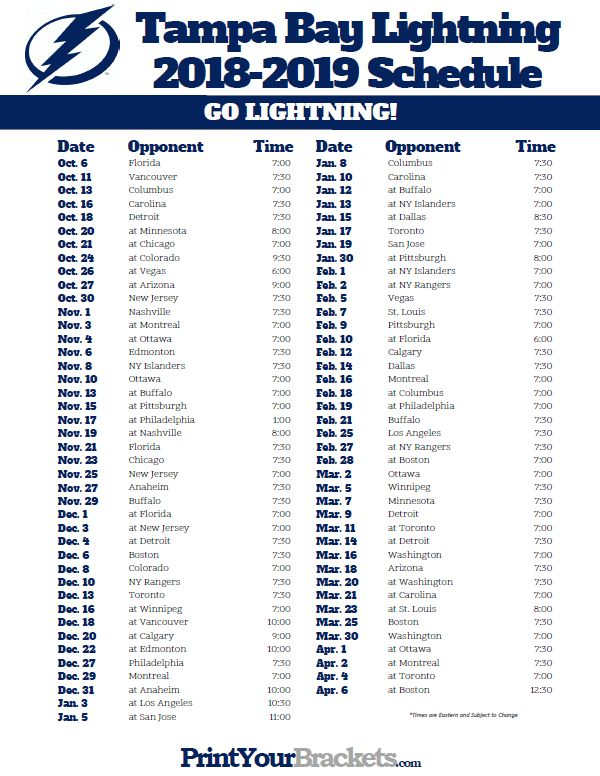 Printable 2018 2019 Tampa Bay Lightning Hockey Schedule