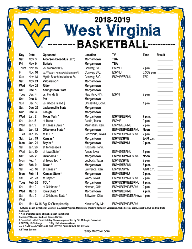 Printable 2018 2019 West Virginia Mountaineers Basketball 