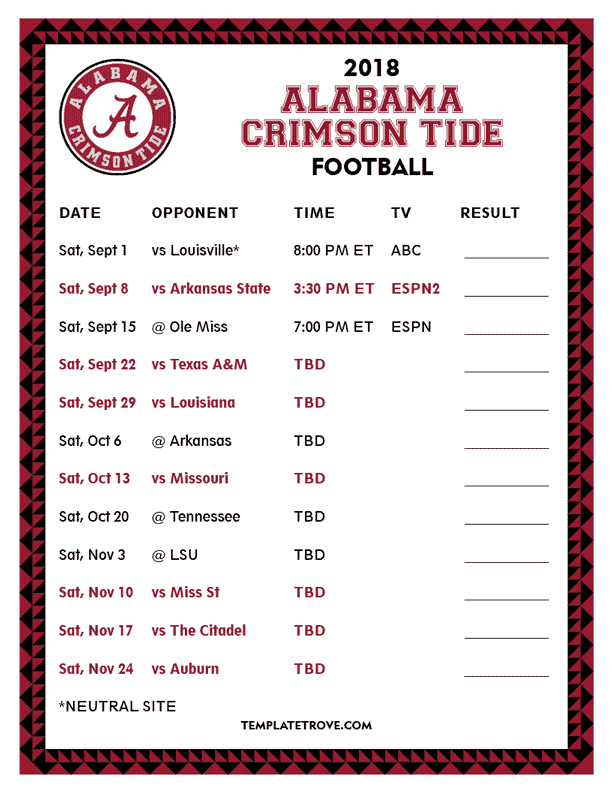 Printable 2018 Alabama Crimson Tide Football Schedule