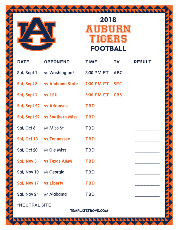 Printable 2018 Auburn Tigers Football Schedule
