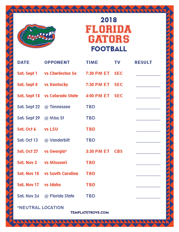 Printable 2018 Florida Gators Football Schedule