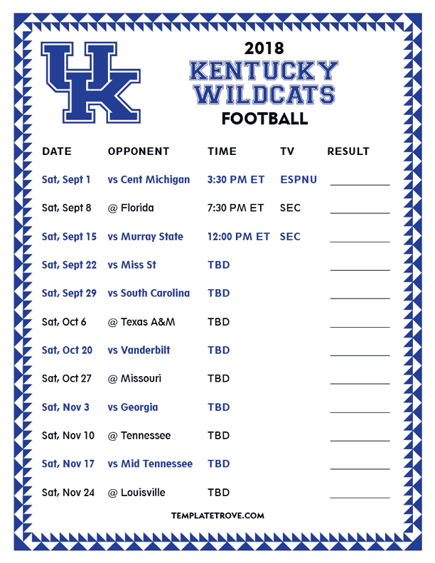 Printable 2018 Kentucky Wildcats Football Schedule