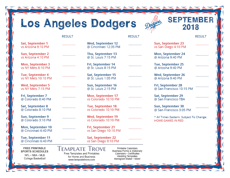 Printable 2018 Los Angeles Dodgers Schedule