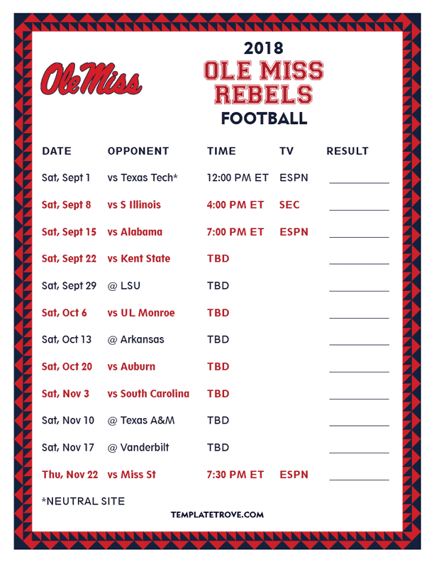 Printable 2018 Ole Miss Rebels Football Schedule