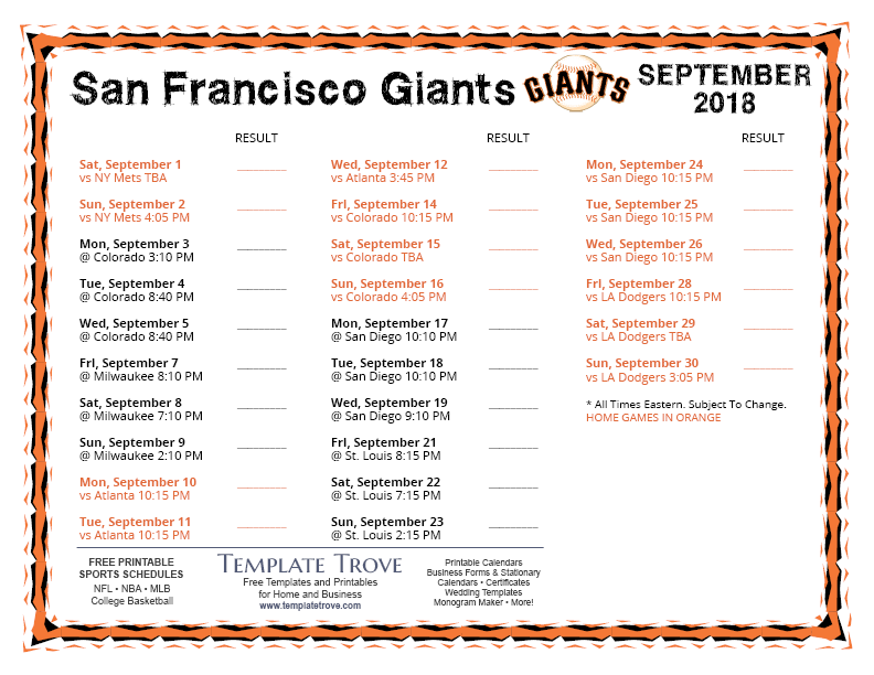 Printable 2018 San Francisco Giants Schedule