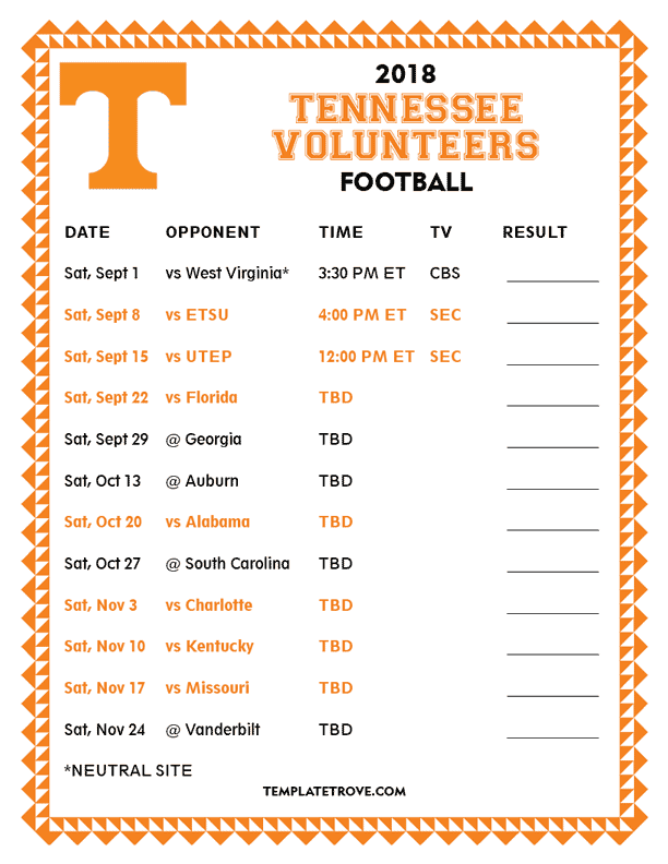 Printable 2018 Tennessee Volunteers Football Schedule