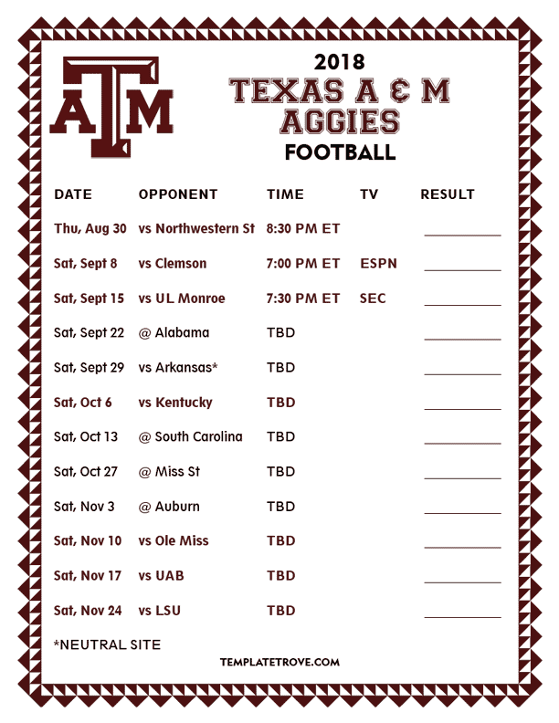 Printable 2018 Texas A M Aggies Football Schedule