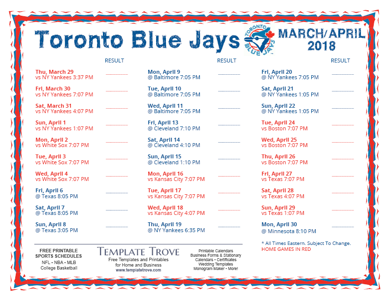 Printable Schedule Toronto Blue Jays