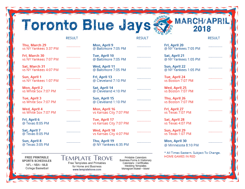 Printable 2018 Toronto Blue Jays Schedule