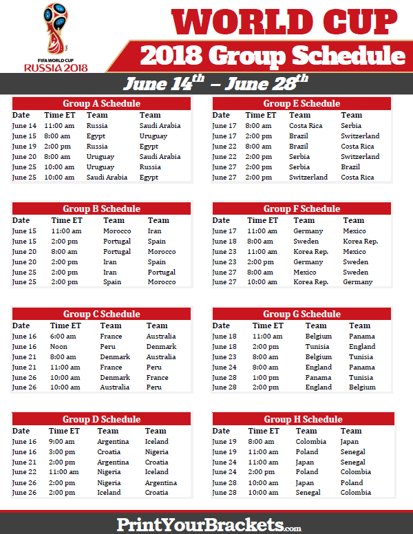 Printable 2018 World Cup Group Schedule