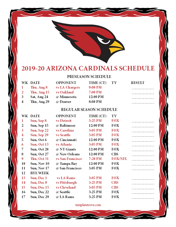 Printable 2019 2020 Arizona Cardinals Schedule