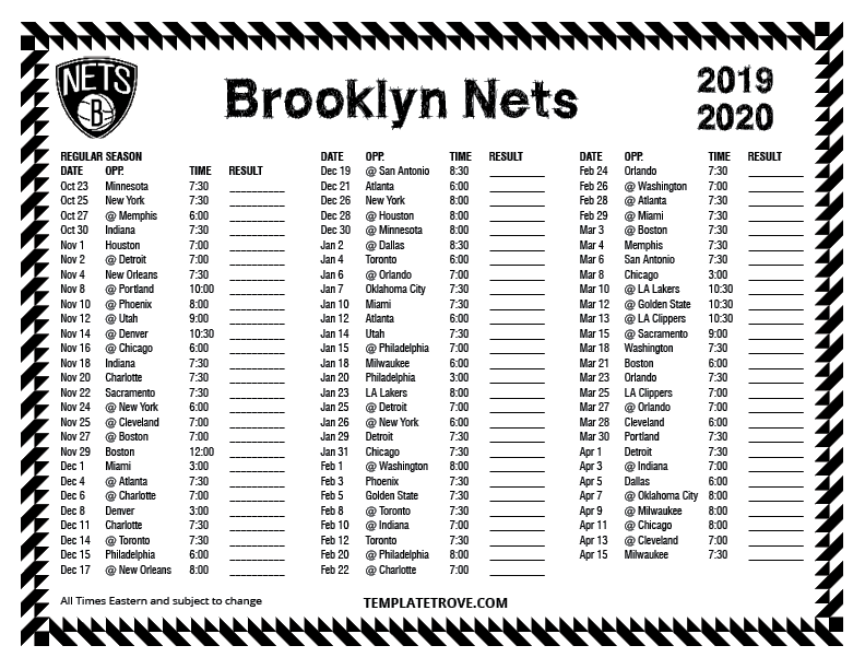 Printable 2019 2020 Brooklyn Nets Schedule