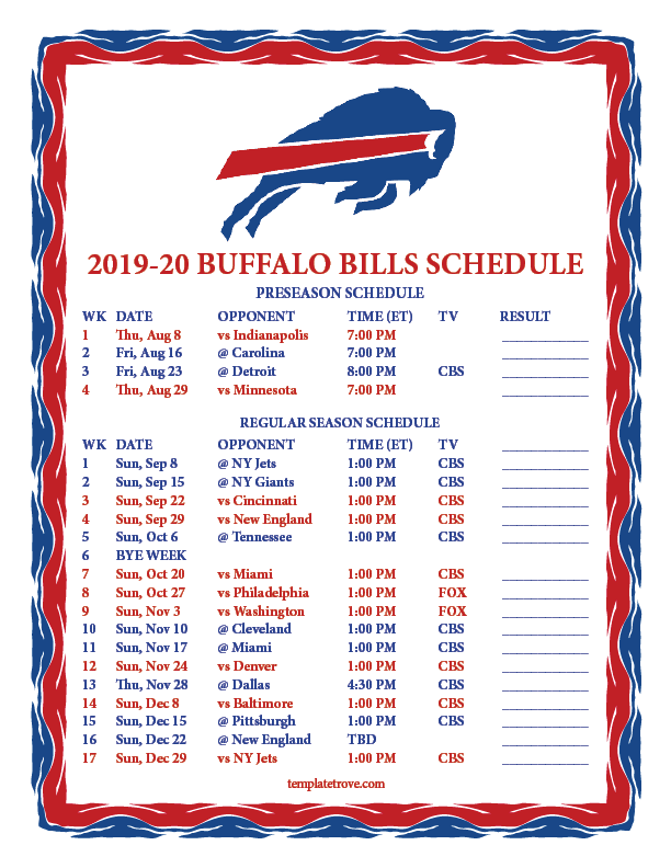 Printable 2019 2020 Buffalo Bills Schedule