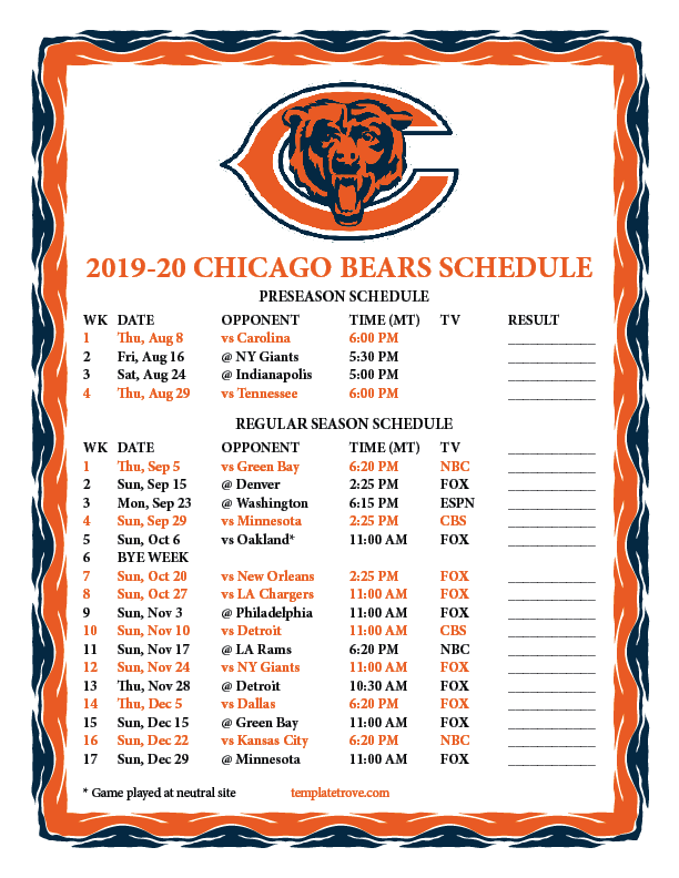 Printable 2019 2020 Chicago Bears Schedule