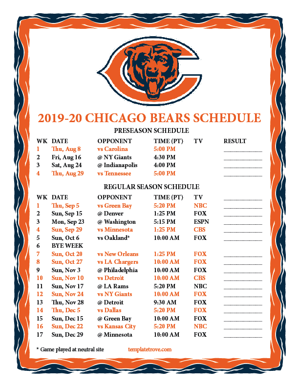 Chicago Bears Schedule 2021 202221 Printable - FreePrintableTM.com Chicago Bears Schedule 2021 202221 Printable - FreePrintableTM.com