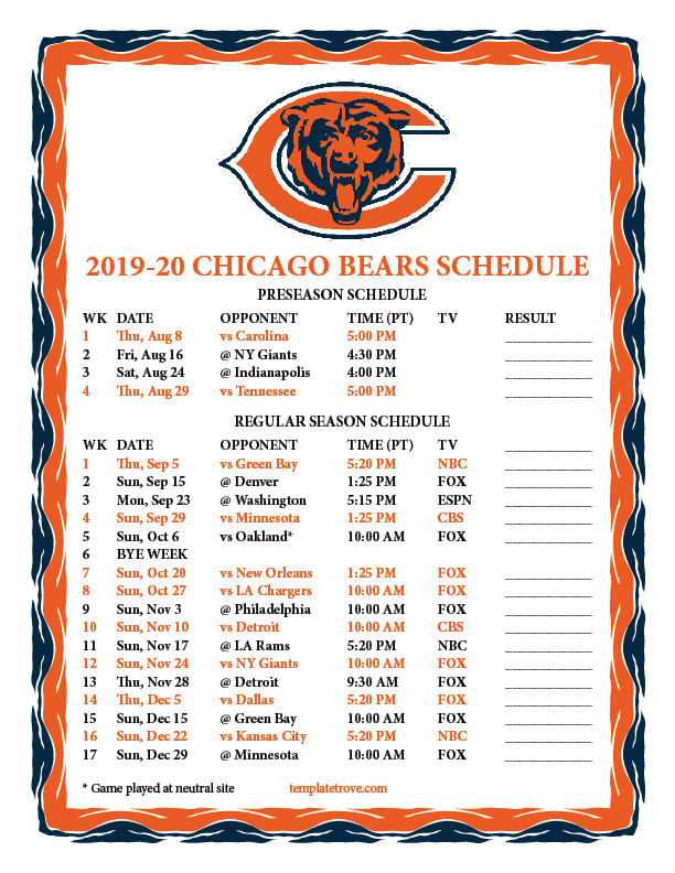 Printable 2019 2020 Chicago Bears Schedule