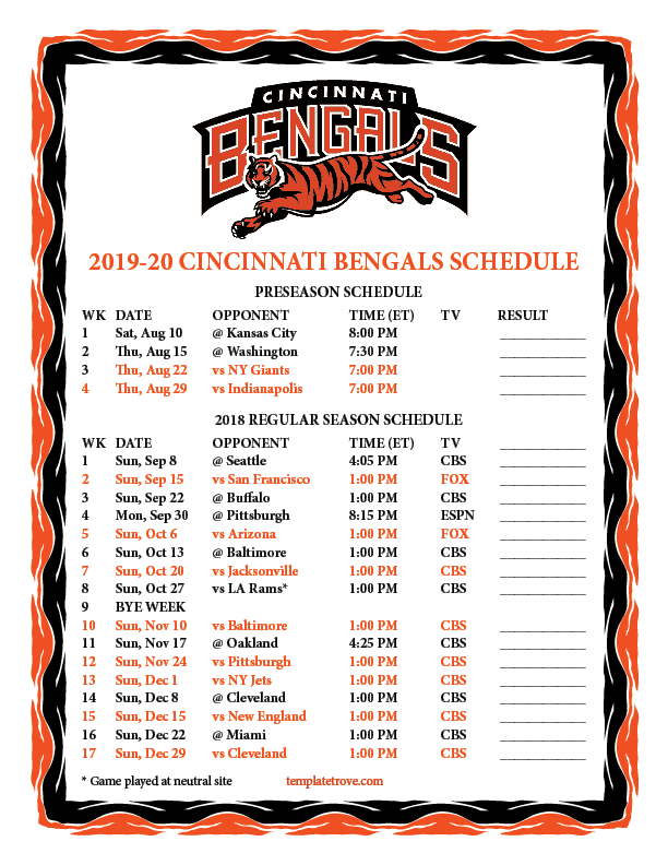 Printable 2019 2020 Cincinnati Bengals Schedule